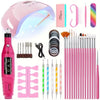 A pink professional nail care kit featuring an electric drill, cuticle nippers, and a UV LED lamp.