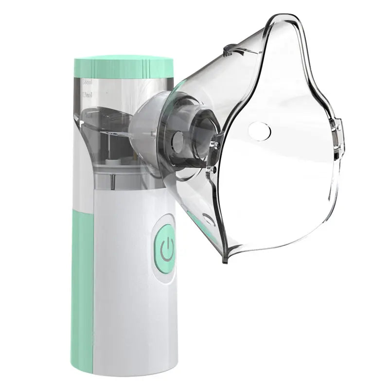 A white and mint green portable mesh inhale nebulizer device with a clear plastic mouthpiece.