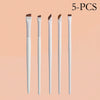 A set of five precision eyeliner application brushes with white handles and brown tips.