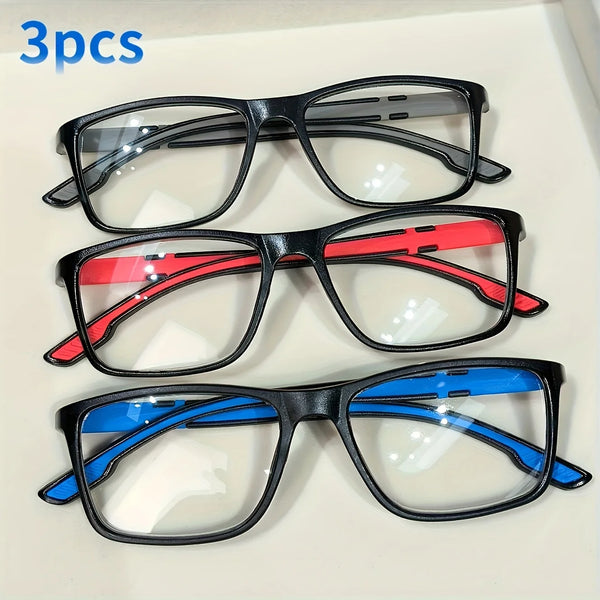 Tres pares de gafas de lectura rectangulares vintage en marcos negros, rojos y azules sobre fondo blanco.