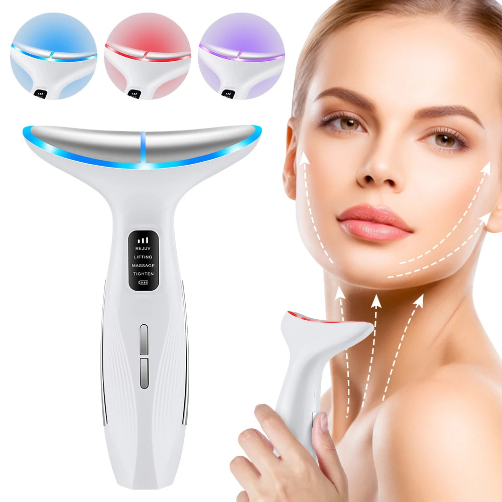 A white multi-mode LED beauty and massage device is shown with various heads and a hand demonstrating its use on the neck.