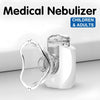 A white portable medical nebulizer device with a clear mask component is shown on a white surface.