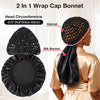 A black satin wrap cap bonnet shown next to a model wearing it, demonstrating its use for hair and sleeping.