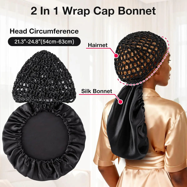 A black satin wrap cap bonnet shown next to a model wearing it, demonstrating its use for hair and sleeping.