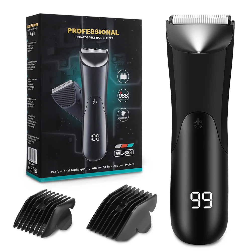 A black professional rechargeable hair clipper set including a body hair trimmer and multiple comb attachments.