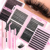 A pink DIY eyelash extension kit featuring false lashes and a bond remover tool displayed on a hand.