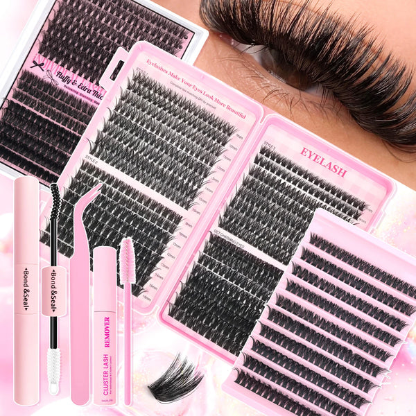 A pink DIY eyelash extension kit featuring false lashes and a bond remover tool displayed on a hand.