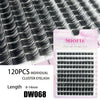 A package of 120 pieces of natural looking cluster eyelash extensions shown in various angles.