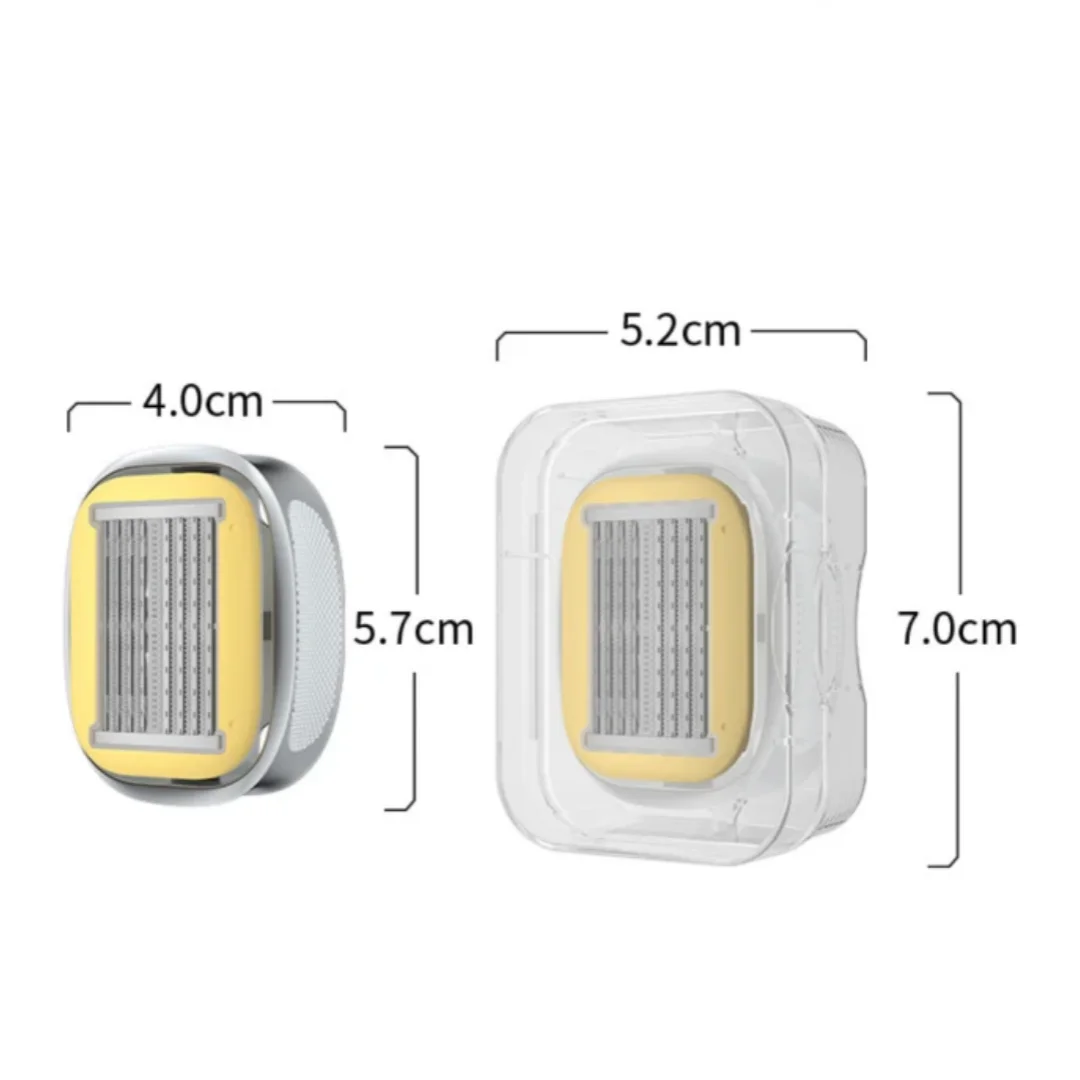 A white precision manual safety razor with a yellow handle and protective casing, shown from the side and top.