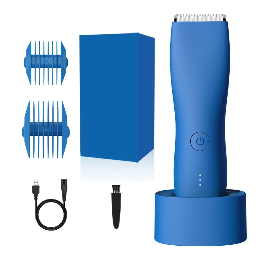 A blue professional body and personal hair trimmer with a detachable head and charging cable.