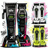 A set of Bradclip Pro professional rotary hair clippers and trimmers in black, green, and yellow.