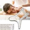 Stainless steel gua sha massage tool used on a person's skin to relieve muscle and joint pain.