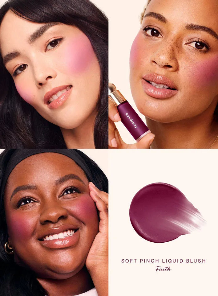 Close-up of a woman applying a purple liquid blush on her cheek and lips, with the product shown separately.