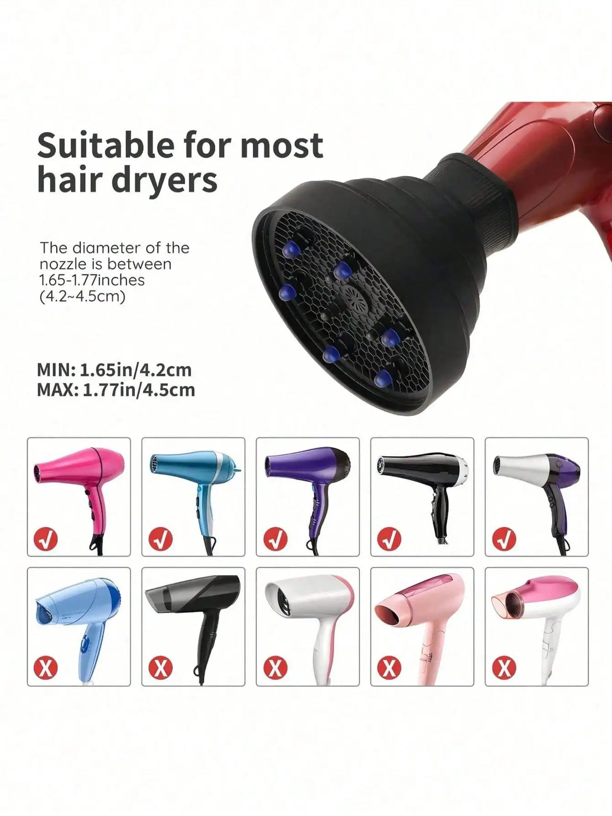 Black silicone diffuser cover nozzle for hair dryers, showing compatibility with various dryer types.