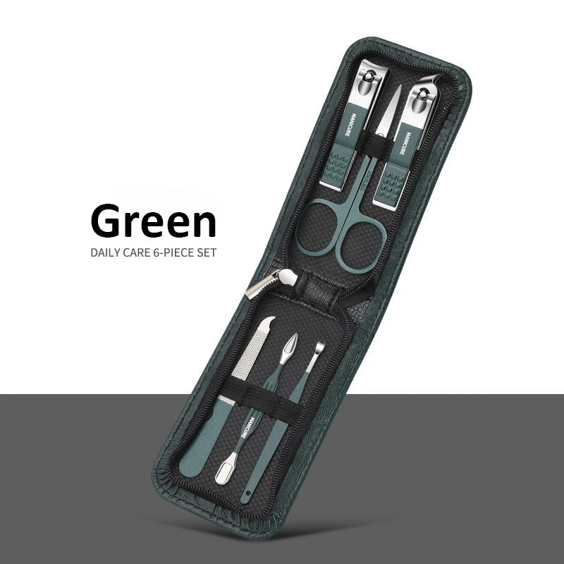 Green daily care 6-piece set of professional stainless steel manicure and pedicure tools in a travel case