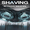 Close-up of a shaving device with rotating blades and a modern, dark background.