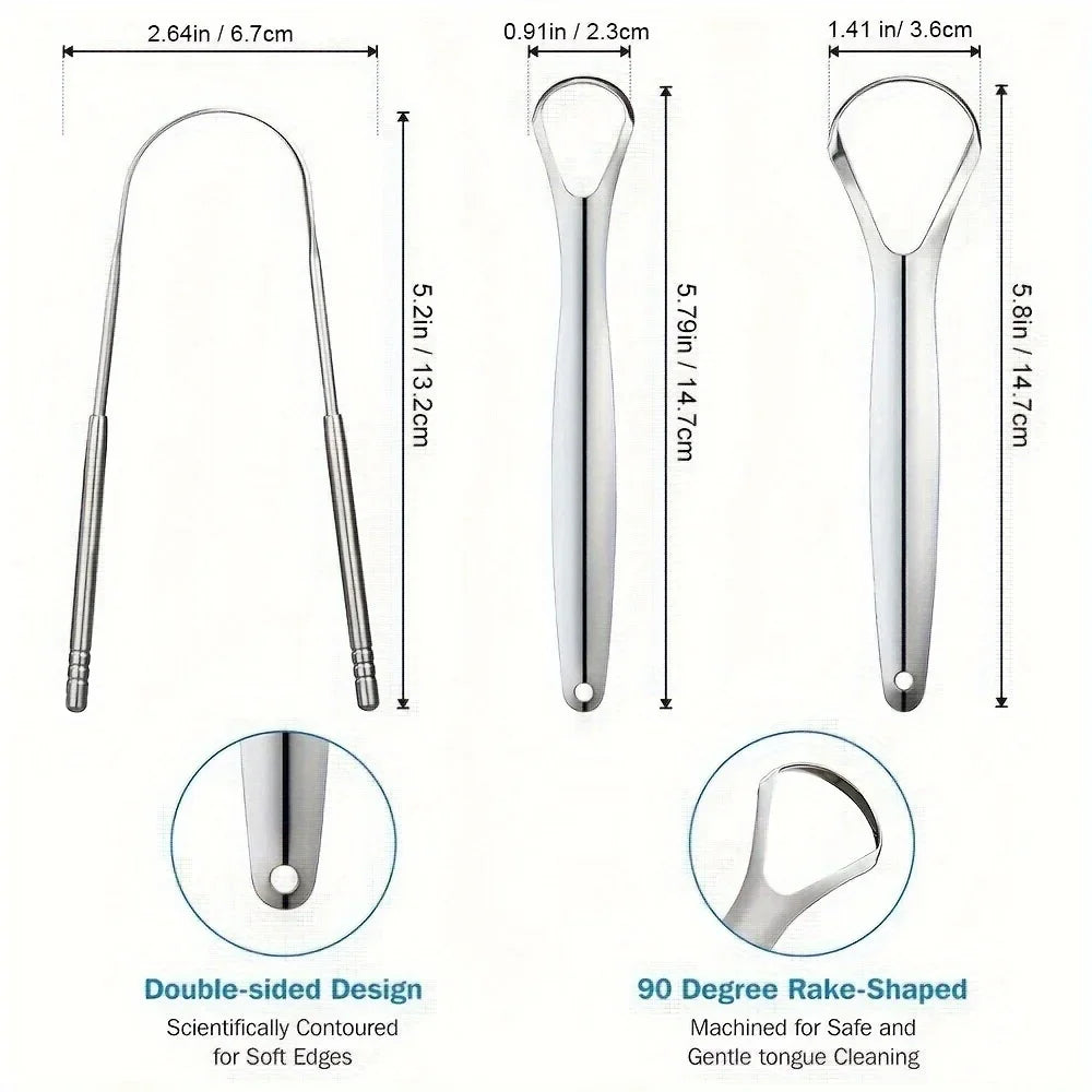 Stainless steel tongue scrapers set showing various sizes and designs for oral hygiene