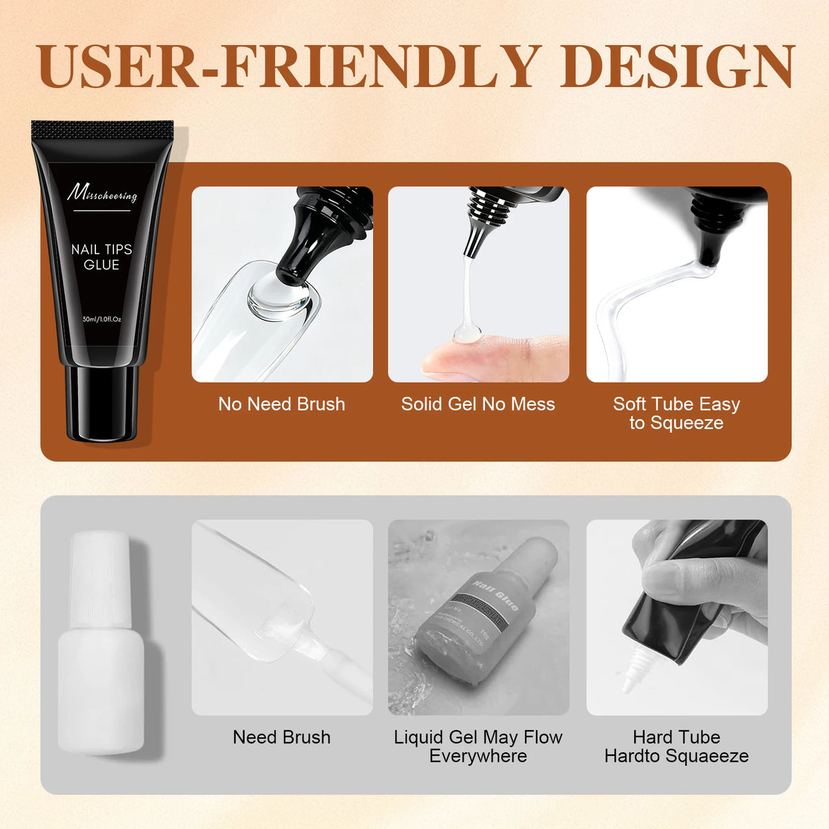 A set of nail tips glue products showing various applications and features like no need brush and easy squeezing.