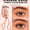 A pink electric heated eyelash curler device shown with before and after results on an eye.