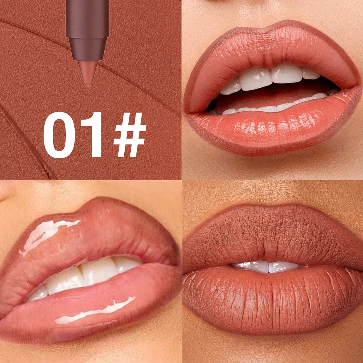 Close-up of a long-lasting matte lip liner pencil in a rosy brown shade shown with various lip applications.