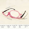 Pink plastic magnifying reading glasses shown with various size measurements.
