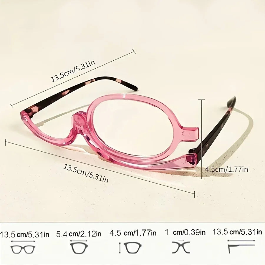 Pink plastic magnifying reading glasses shown with various size measurements.