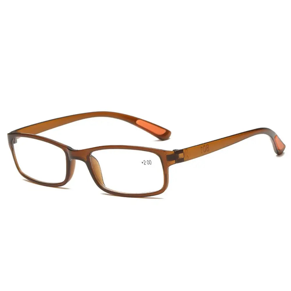A pair of brown-framed progressive multifocal reading glasses with a gold-toned temple.