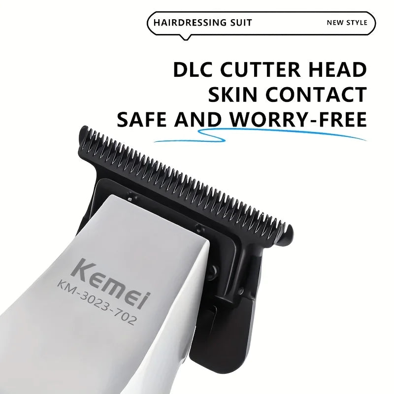Nahaufnahme eines schwarz-weißen Kemei DLC Schneidkopf für Friseure und Grooming.