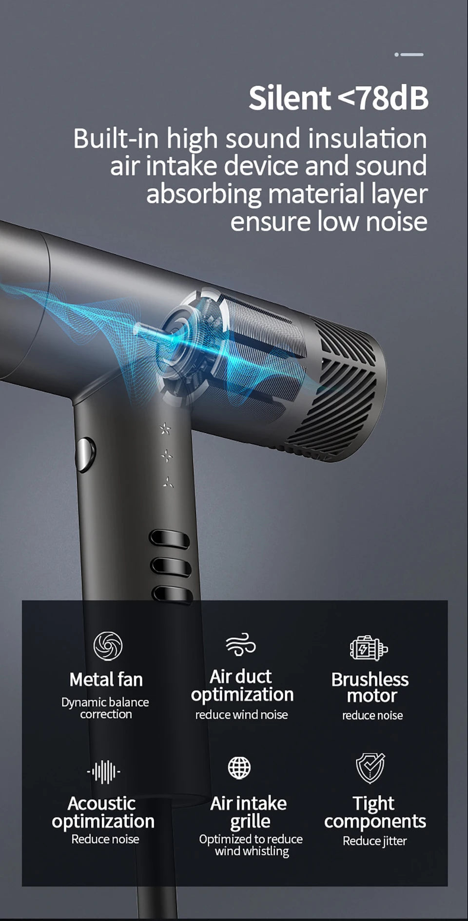 A close-up view of a professional electric hair dryer with a black finish, highlighting its sound insulation and air intake d