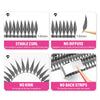 Pack of feather-shaped manga lashes showing various styles including stable curl, no diffuse, no kink, and no back strips.
