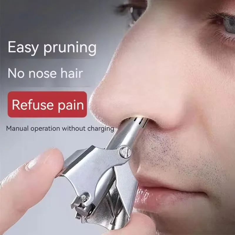A hand holds a portable stainless steel nose hair trimmer, demonstrating its easy pruning function.
