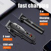 A black electric hair clipper and battery are shown with text highlighting fast charging, 5W power, USB method, 3 hour chargi