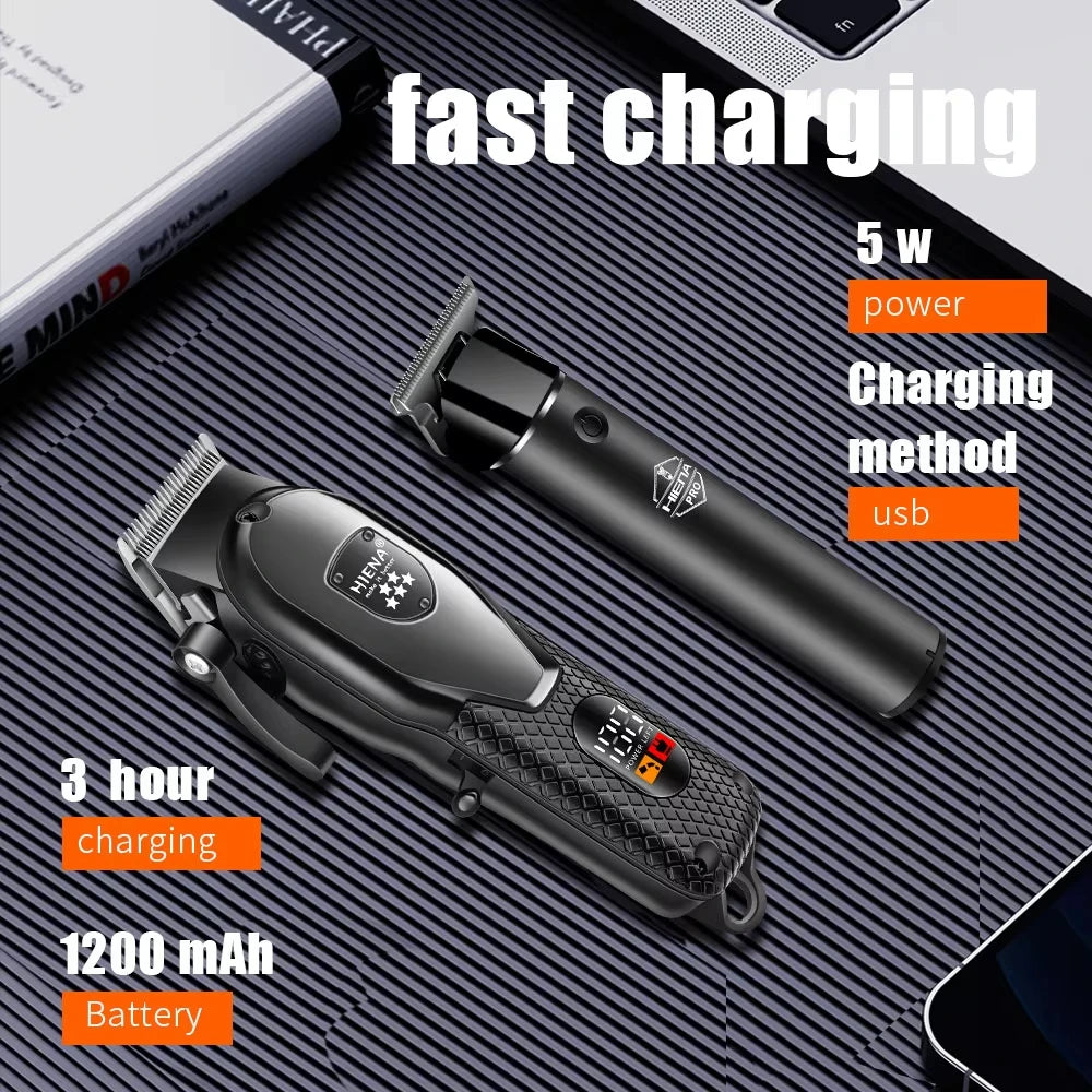 A black electric hair clipper and battery are shown with text highlighting fast charging, 5W power, USB method, 3 hour chargi