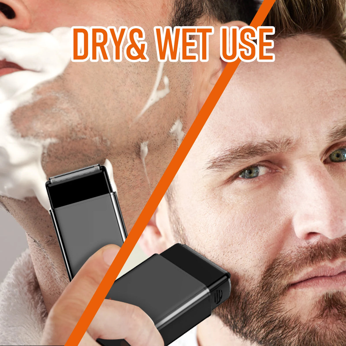 A man is using a black electric shaver on his face, demonstrating dry and wet use.