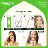 Instructions for using freegrin natural miswak sticks to clean teeth.