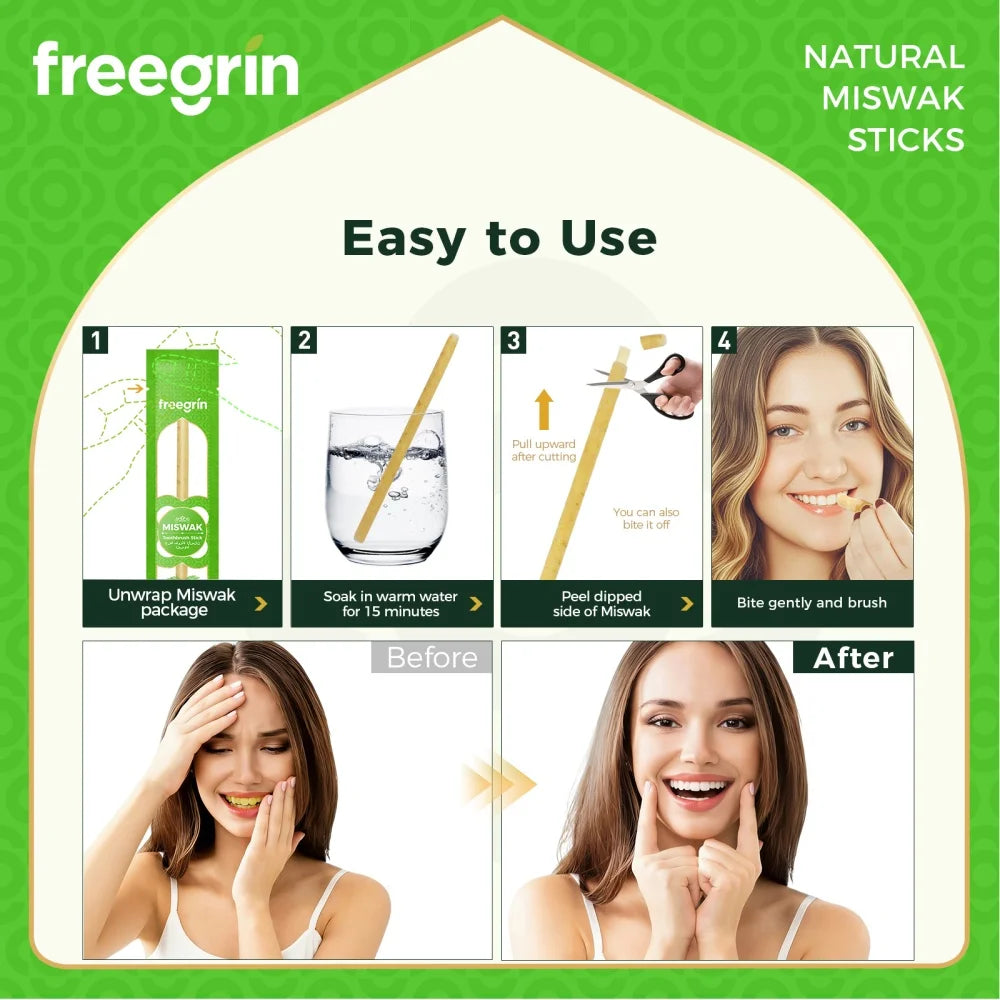 Instructions for using freegrin natural miswak sticks to clean teeth.