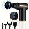 A black deep tissue massage gun with a white handle and various interchangeable massage tips.