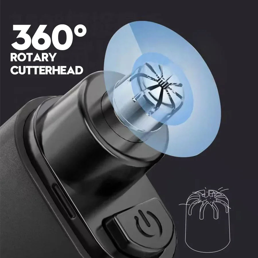 A close-up view of a black rotary cutterhead device for precision nose hair trimming.