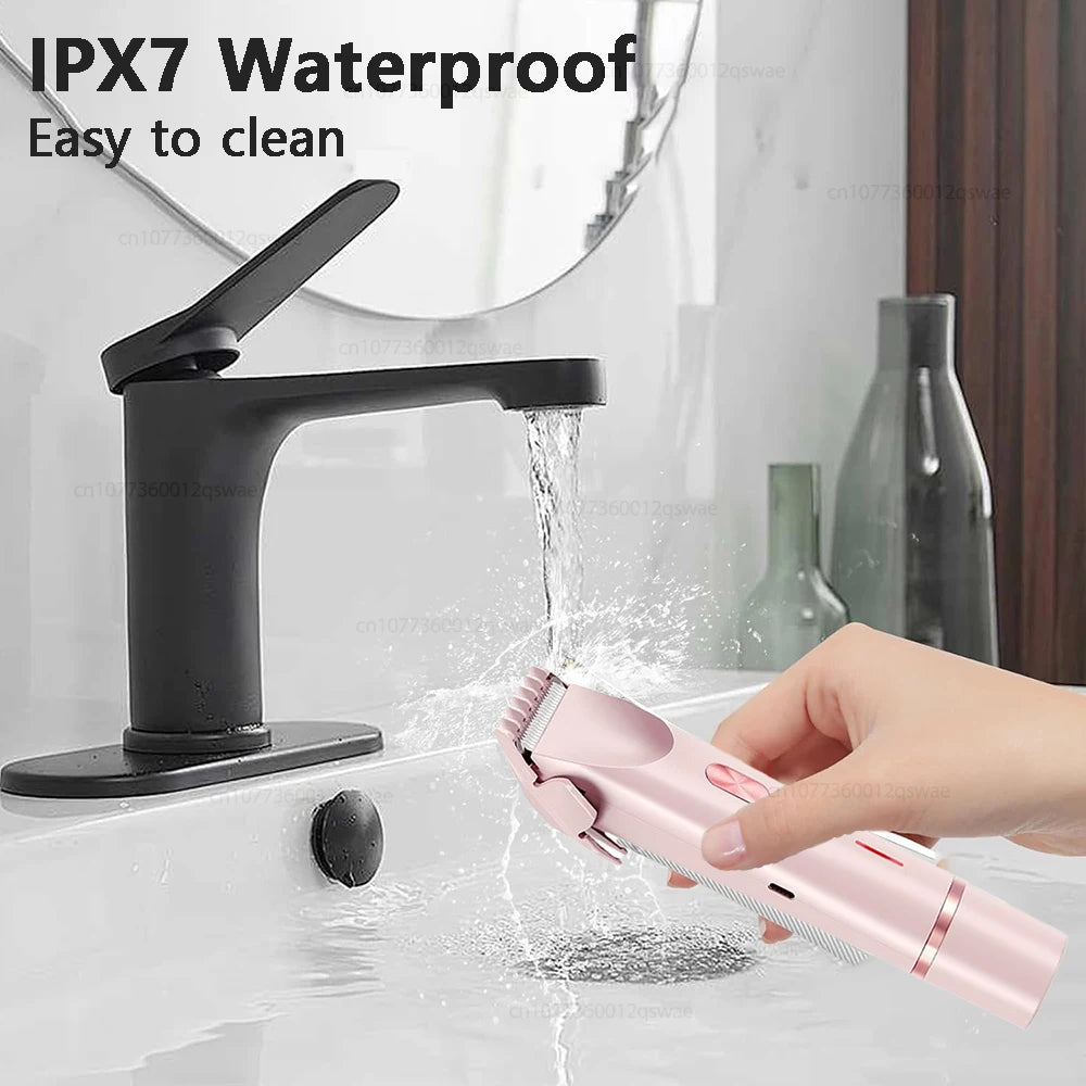 A pink electric shaver is being used to clean a faucet under running water.