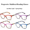 A collection of progressive multifocal reading glasses in various colors including orange, purple, and blue.