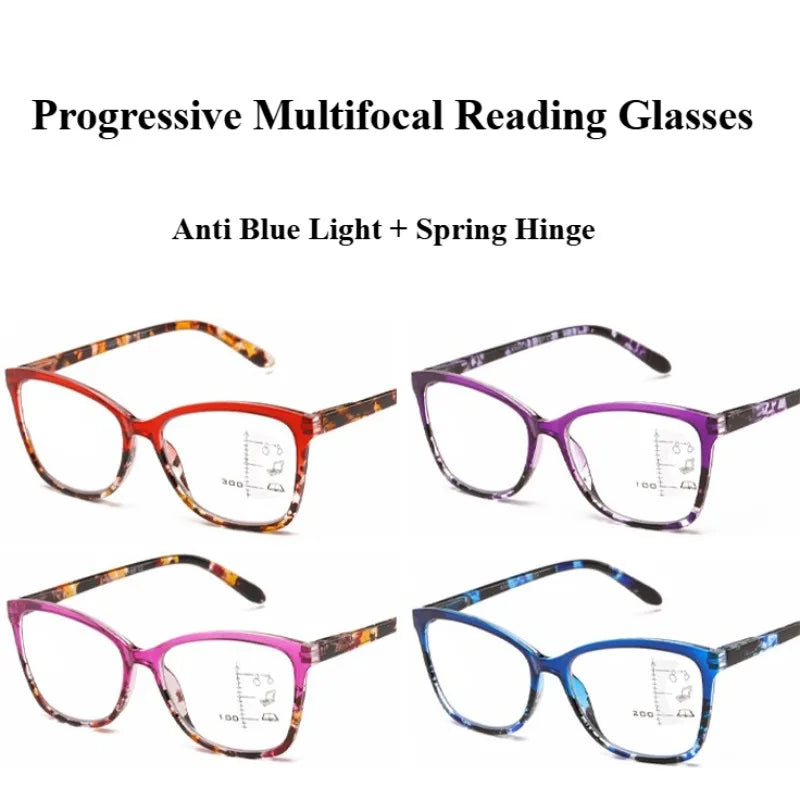 A collection of progressive multifocal reading glasses in various colors including orange, purple, and blue.