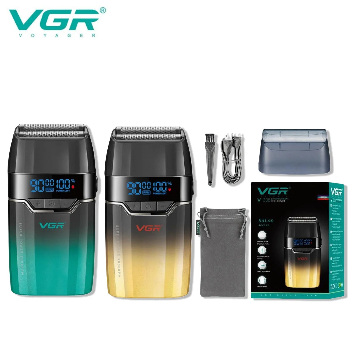 VGR professional electric beard trimmer shaver shown in various components and colors.