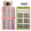 Boîte de kits d'extensions de cils DIY, montrant divers styles et un œil de modèle pour référence.
