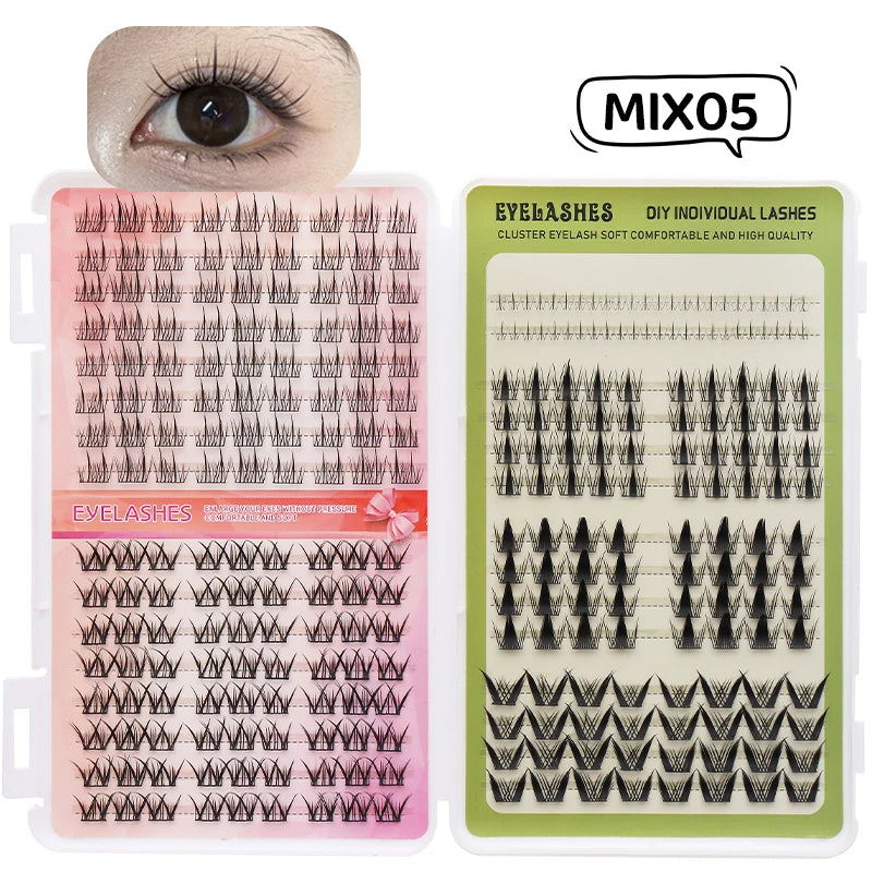 Boîte de kits d'extensions de cils DIY, montrant divers styles et un œil de modèle pour référence.