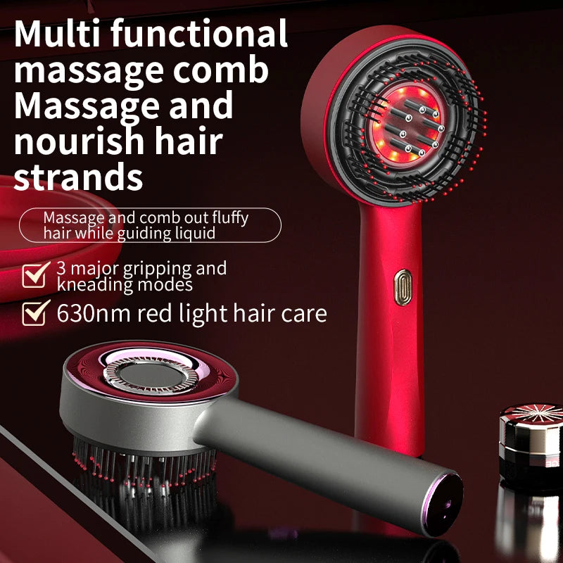 Rote elektrische Bürste zur Kopfmassage und für die Pflege der Haare mit roter Lichttechnologie