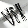 A set of black men's salon hair styling combs, including a fine-toothed comb and a wide-toothed comb, displayed on a white su