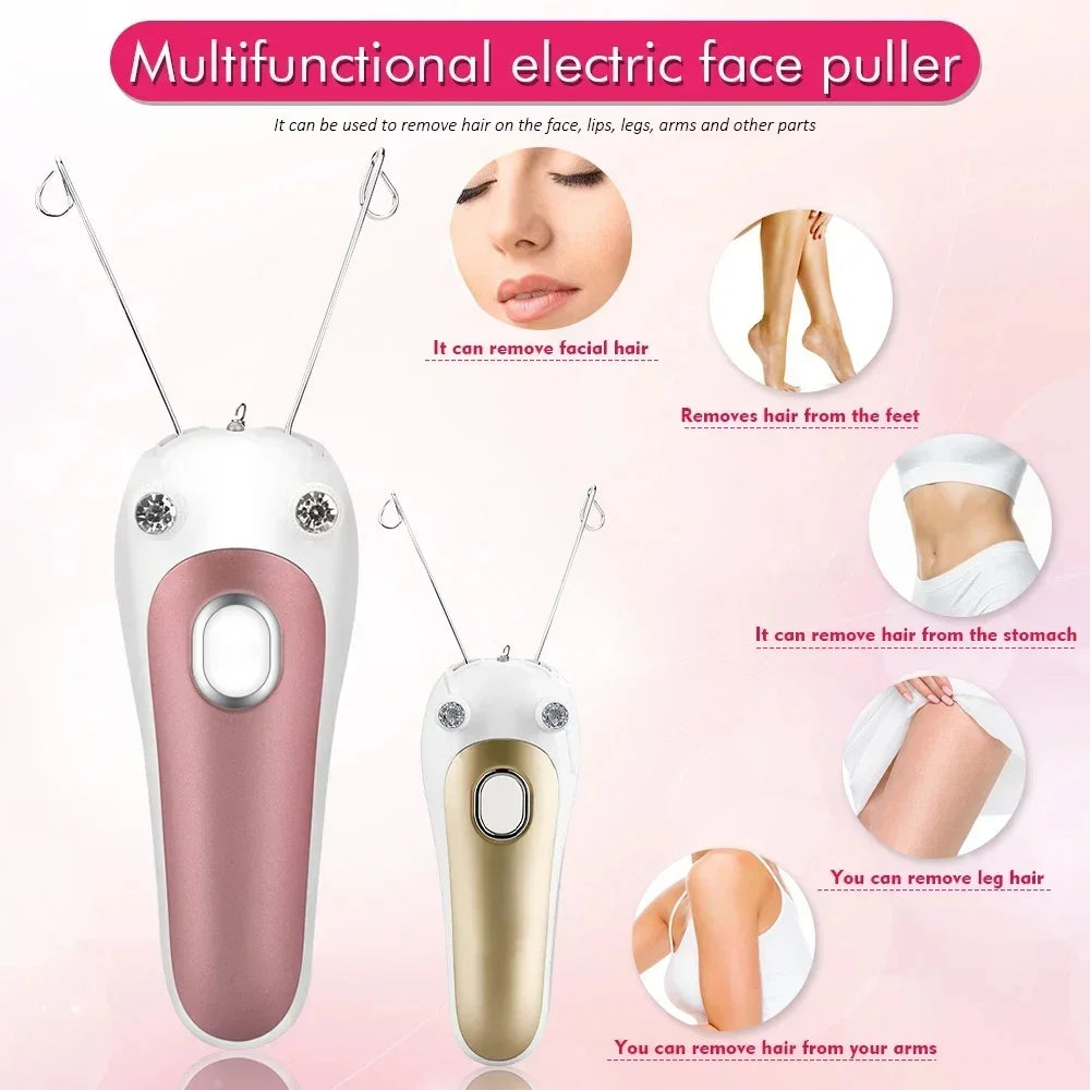 A multifunctional electric face puller device shown in pink and gold colors with various hair removal applications demonstrat