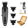 A black electric hair and beard trimmer set with multiple guard attachments and a manual.