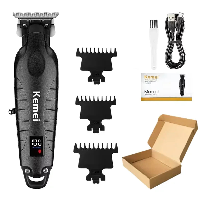 A black electric hair and beard trimmer set with multiple guard attachments and a manual.