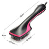 A black and pink professional hot air brush hair styling tool shown with dimensions.